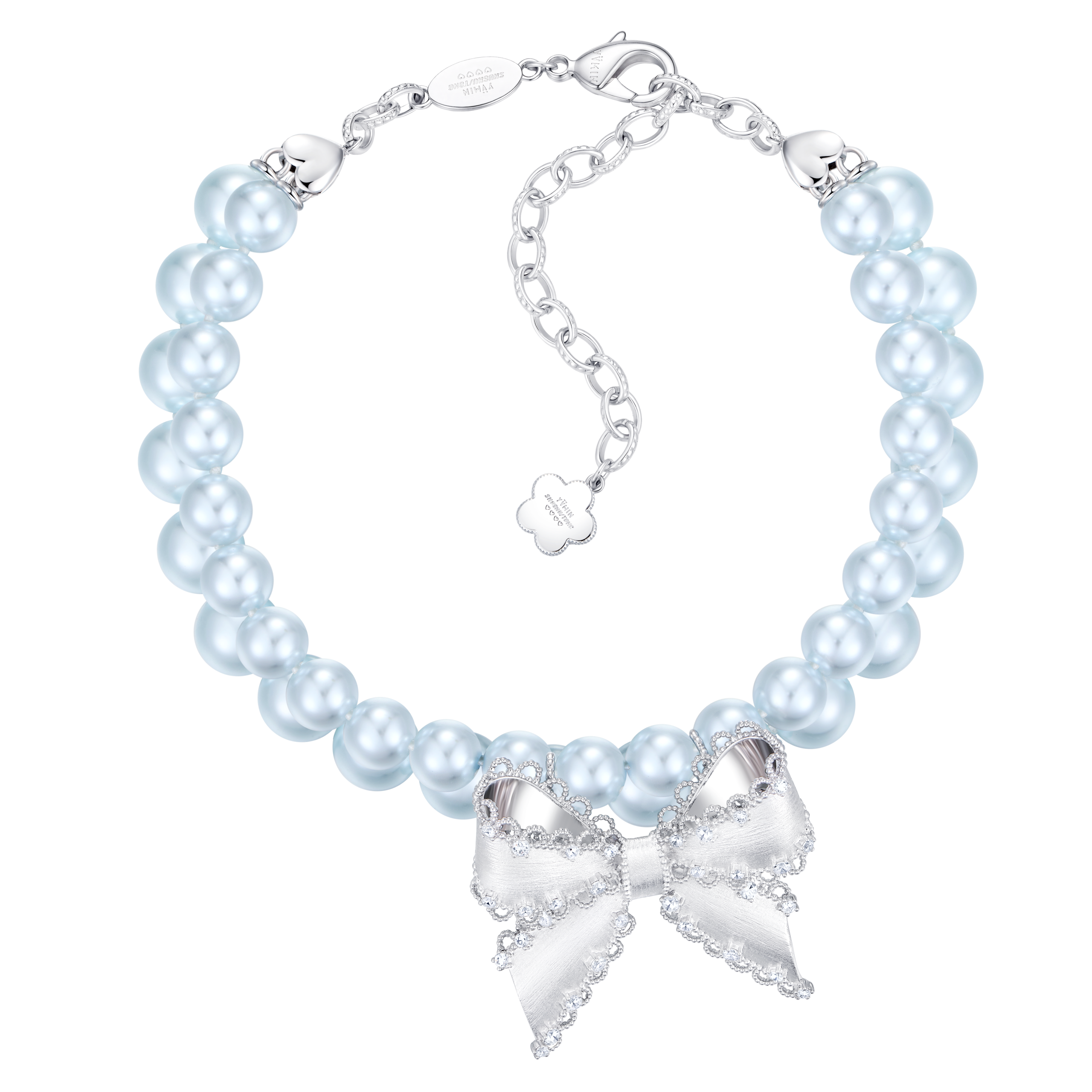 26386BLU00NN Bowknot Double Blue Pearl Necklace - Image 1